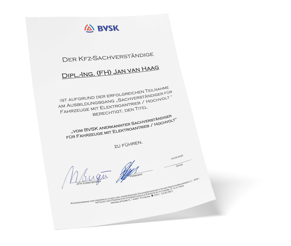 Zertifikat BVSK Hochvoltfahrzeuge